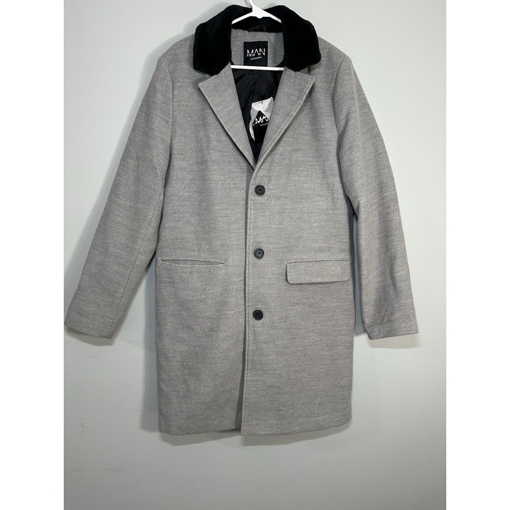 BoohooMAN Mens Grey Faux‎ Fur Collar Single Breasted Overcoat XL